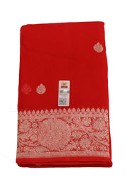 Banarasi silk chiffon  saree in red with silver  buttis &  border