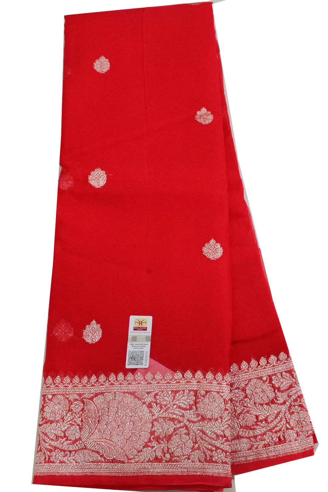 Banarasi silk chiffon  saree in red with silver  buttis &  border