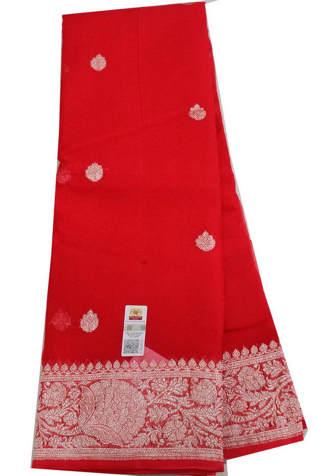 Banarasi silk chiffon  saree in red with silver  buttis &  border