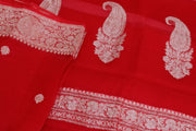 Banarasi silk chiffon  saree in red with silver  buttis &  border