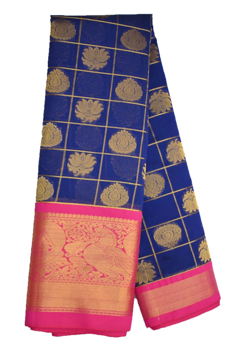 Kanchi pure silk organza saree in blue & pink with floral motifs