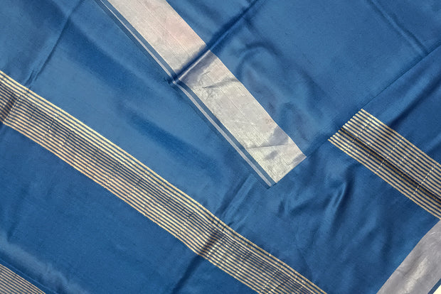 Handwoven Eri pure silk saree in blue with  striped pallu.