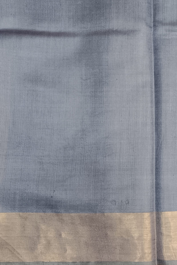 Handwoven Eri pure silk saree in grey with  striped pallu.