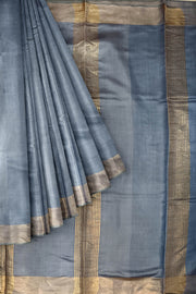 Handwoven Eri pure silk saree in grey with  striped pallu.