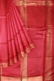 Handwoven Eri pure silk saree in red with  striped pallu.