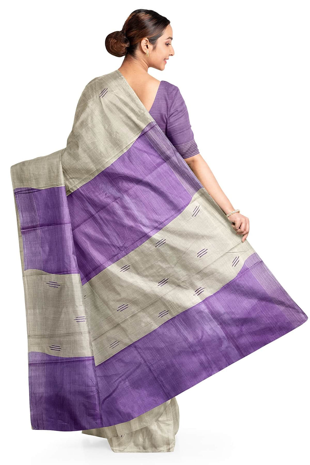 Handwoven Eri  silk saree in beige with striped pallu  and a contrast blouse