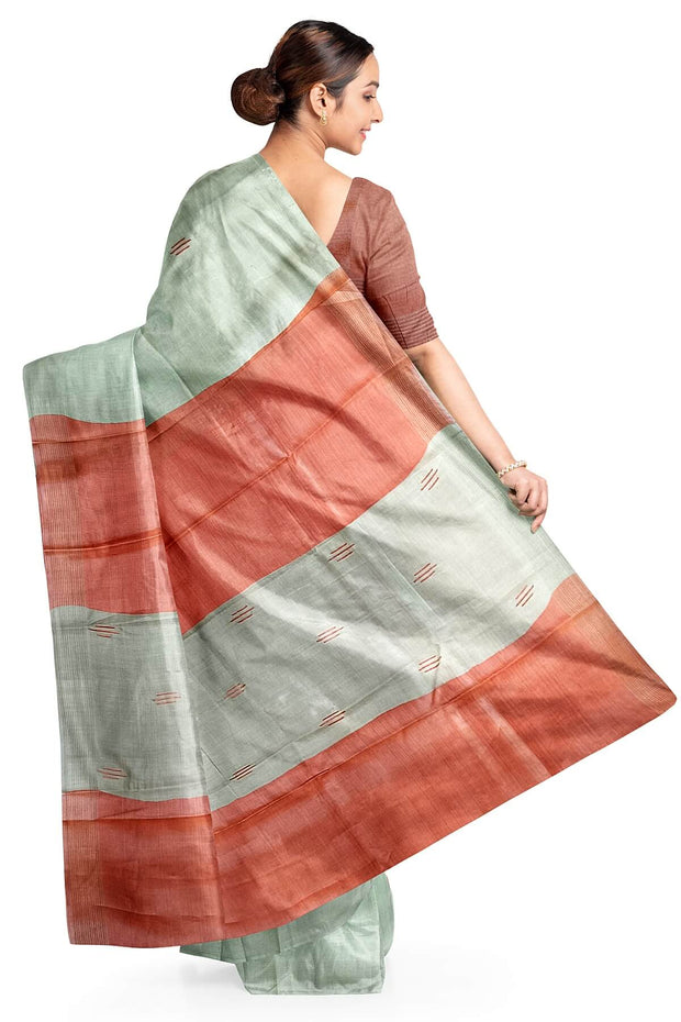 Handwoven Eri  silk saree in beige  with striped pallu  and a contrast blouse