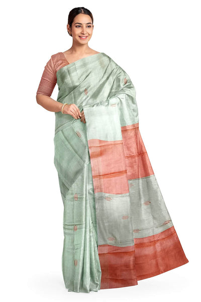 Handwoven Eri  silk saree in beige  with striped pallu  and a contrast blouse