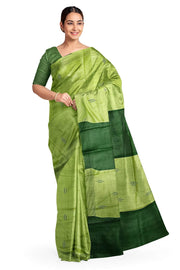 Handwoven Eri  silk saree in green with striped pallu  and a contrast blouse