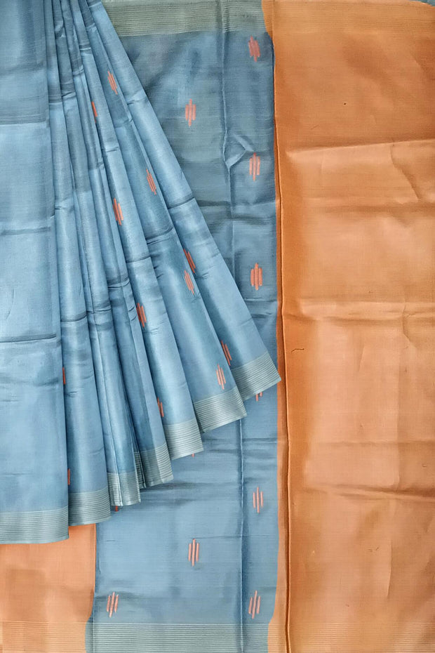 Handwoven Eri  silk saree in bluish grey with striped pallu  and a contrast blouse