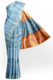 Handwoven Eri  silk saree in bluish grey with striped pallu  and a contrast blouse