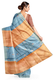 Handwoven Eri  silk saree in bluish grey with striped pallu  and a contrast blouse