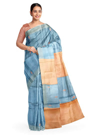 Handwoven Eri  silk saree in bluish grey with striped pallu  and a contrast blouse