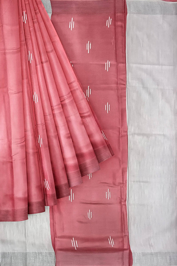 Handwoven Eri  silk saree in onion pink with striped pallu  and a contrast blouse