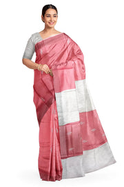 Handwoven Eri  silk saree in onion pink with striped pallu  and a contrast blouse