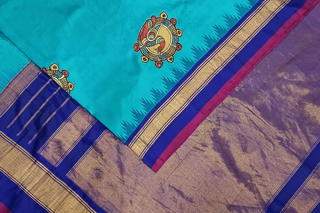 Hand painted pen kalamkari applique work on handloom Gadwal pure silk saree