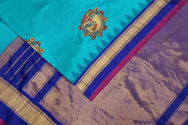 Hand painted pen kalamkari applique work on handloom Gadwal pure silk saree