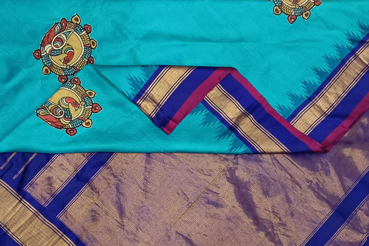 Hand painted pen kalamkari applique work on handloom Gadwal pure silk saree
