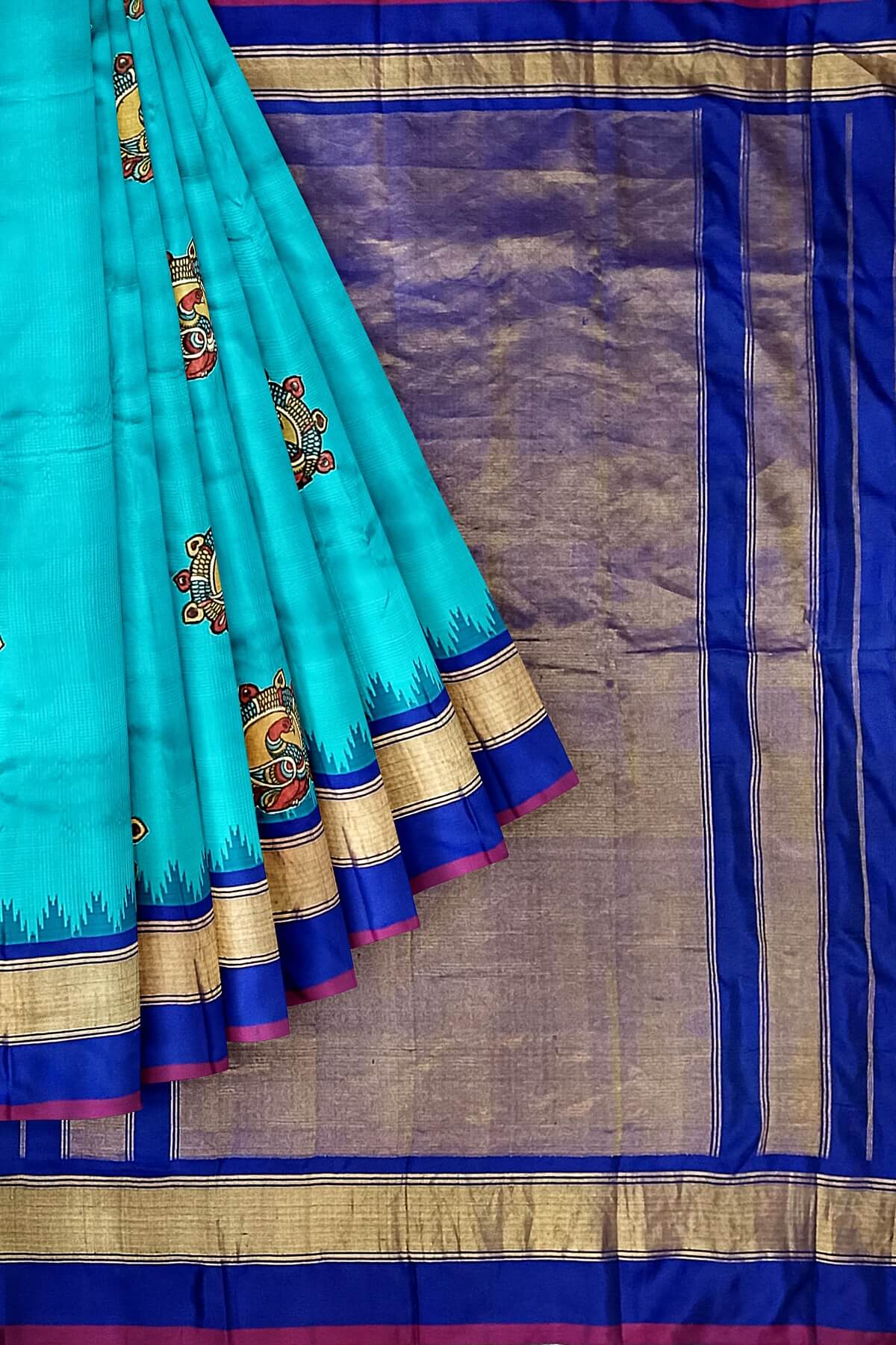 Hand painted pen kalamkari applique work on handloom Gadwal pure silk saree in  self checks and stripes pattern