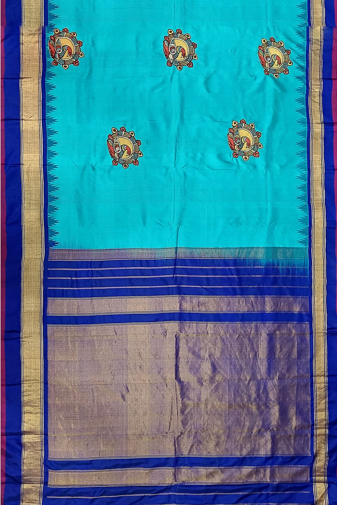 Hand painted pen kalamkari applique work on handloom Gadwal pure silk saree