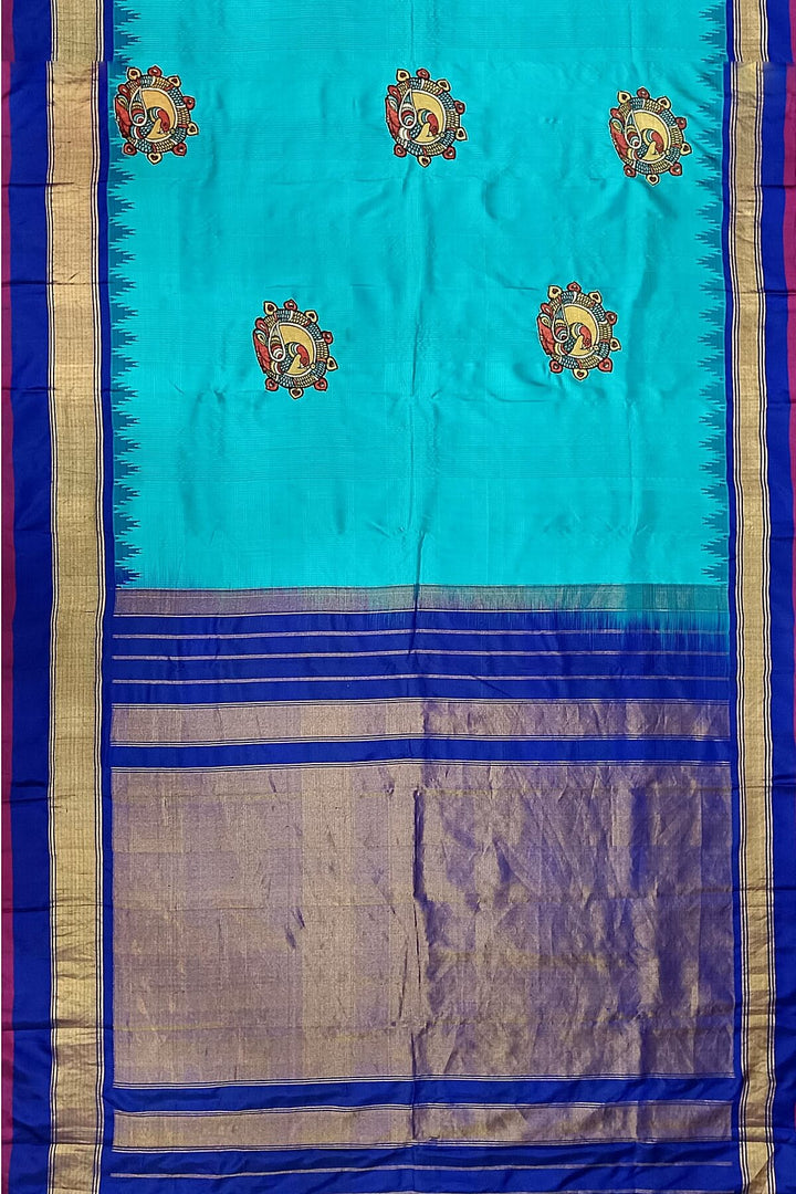 Hand painted pen kalamkari applique work on handloom Gadwal pure silk saree