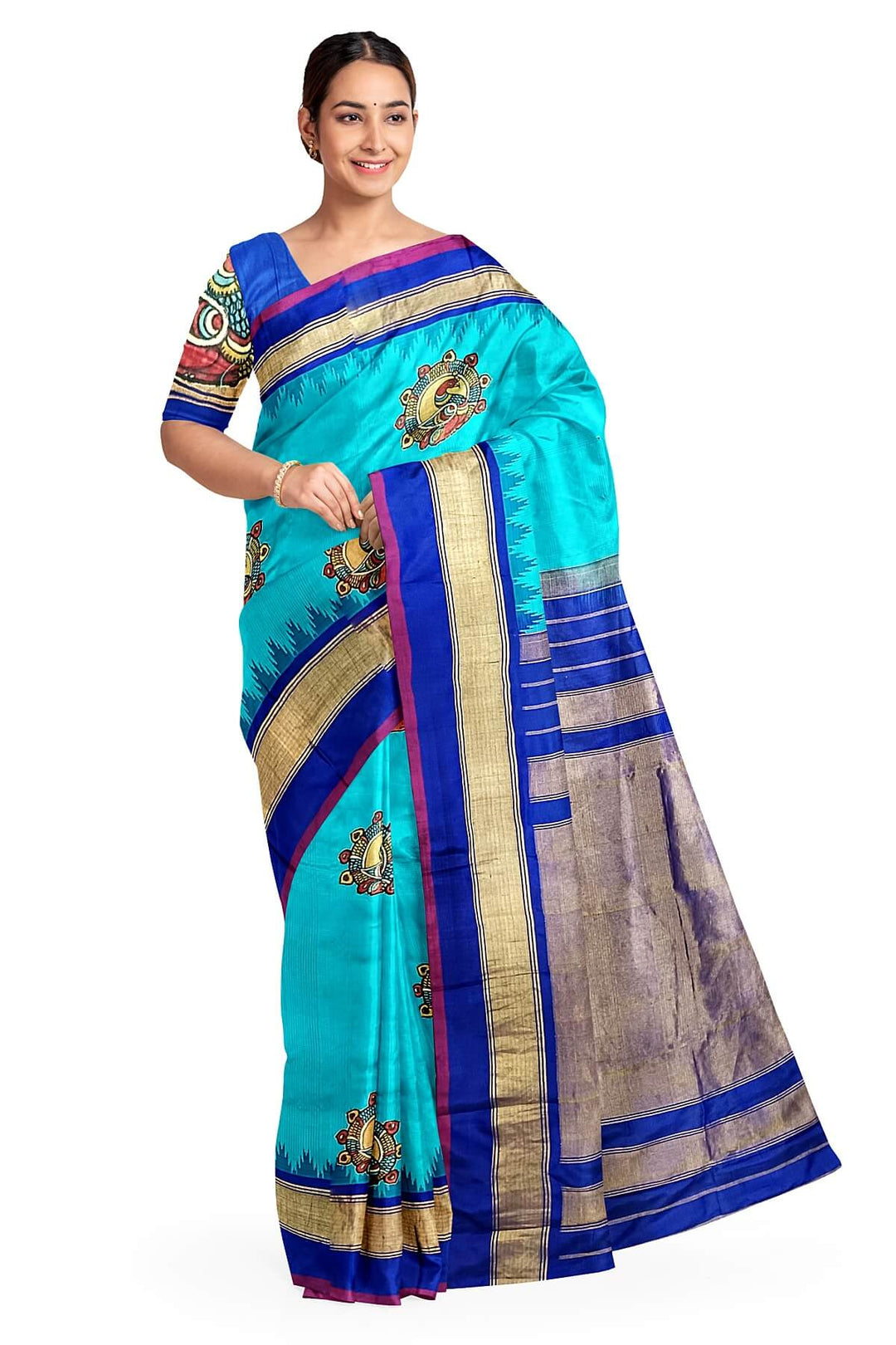 Hand painted pen kalamkari applique work on handloom Gadwal pure silk saree