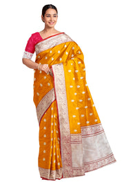 Handloom Banarasi katan pure silk saree in mustard colour with floral motifs