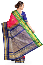 Gadwal pure silk saree in pink with gold & silver  motifs on the body and a rich contrast pallu .