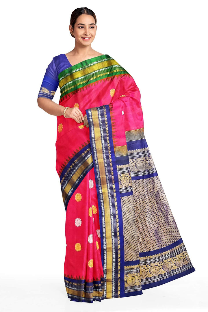 Gadwal pure silk saree in pink with gold & silver  motifs on the body and a rich contrast pallu .