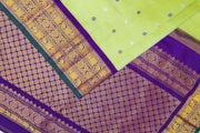 Gadwal pure silk saree is pista green with gold & silver  motifs on the body