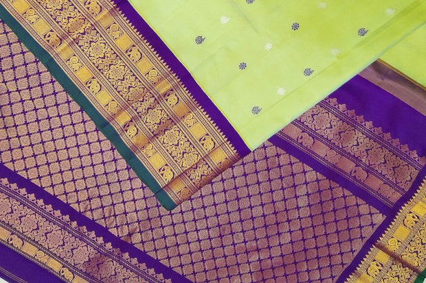 Gadwal pure silk saree is pista green with gold & silver  motifs on the body