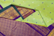 Gadwal pure silk saree is pista green with gold & silver  motifs on the body
