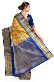 Gadwal pure silk printed pichwai design mustard saree with lotus vines & cows.