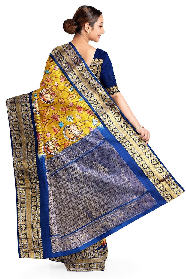 Gadwal pure silk printed pichwai design mustard saree with lotus vines & cows.
