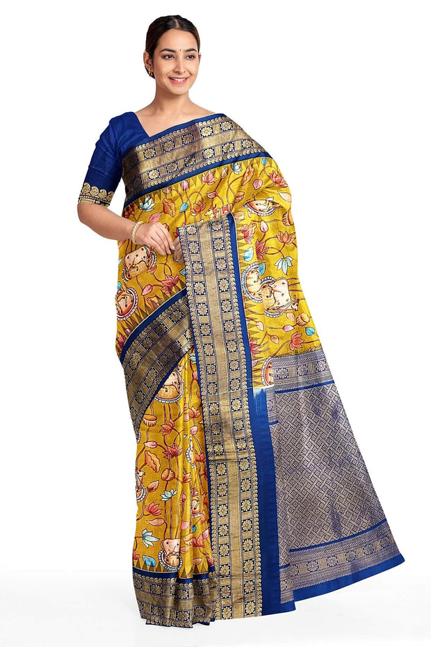 Gadwal pure silk printed pichwai design mustard saree with lotus vines & cows.