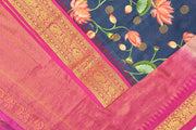 Gadwal pure silk floral  printed  grey  saree with lotus vines.