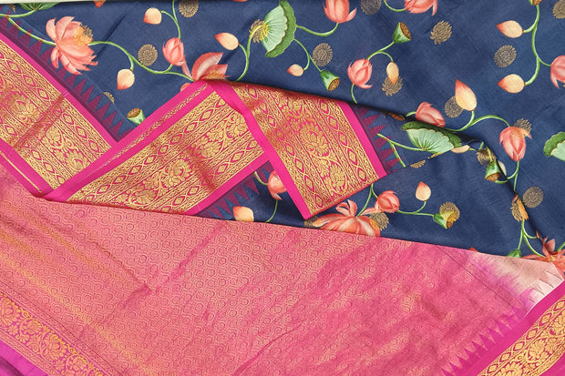 Gadwal pure silk floral  printed  grey  saree with lotus vines.