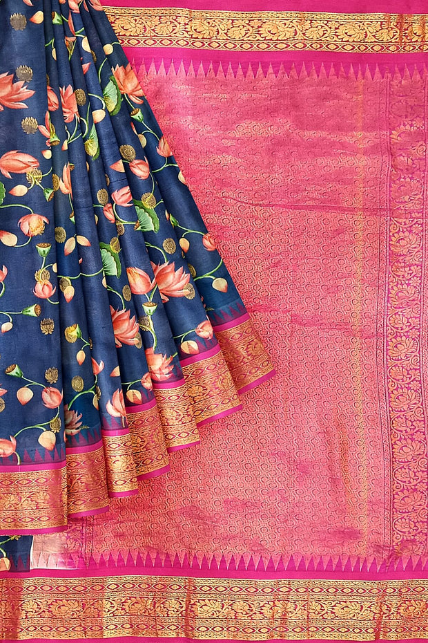 Gadwal pure silk floral  printed  grey  saree with lotus vines.