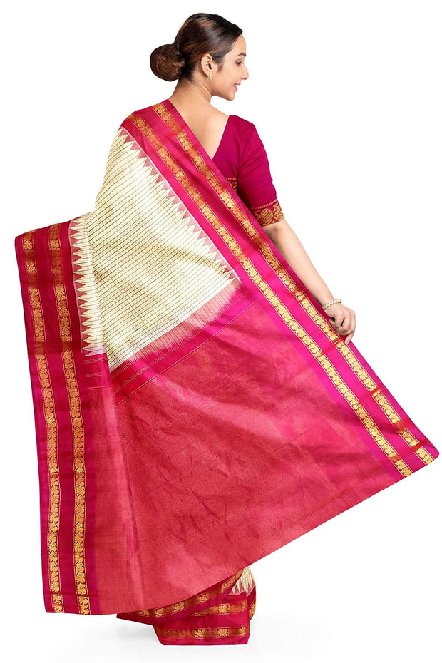 Handwoven Gadwal pure silk saree in cream  in fine checks   and  a contrast pallu in pink .