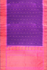 Handwoven Gadwal pure silk saree in violet in fine checks   with small motifs   and  a contrast pallu in baby pink