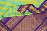 Handwoven Gadwal pure silk saree in fine checks in green & yellow  with gold & silver motifs all over the body.