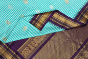 Handwoven Gadwal pure silk saree in fine checks in sky blue  & white  with gold & silver motifs all over the body.
