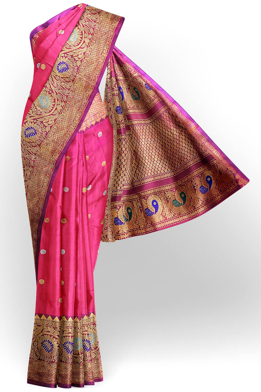 Handwoven Gadwal pure silk saree in pink with gold & silver motifs  all over the body.