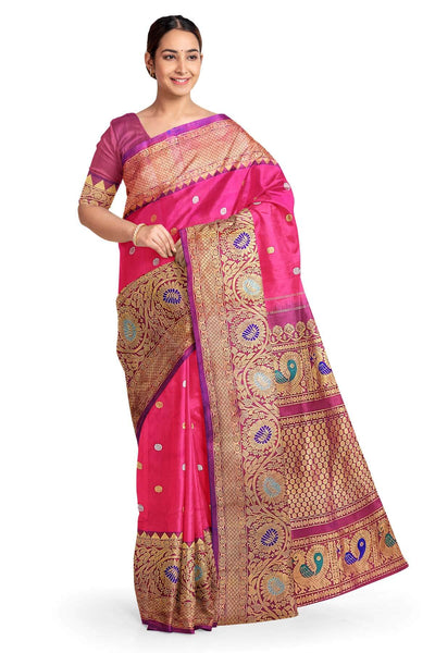 Handwoven Gadwal pure silk saree in pink with gold & silver motifs  all over the body.