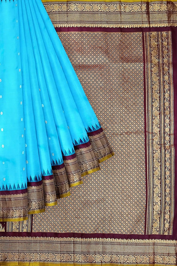 Handwoven Gadwal pure silk saree in pool blue with round motifs on the body .