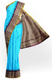 Handwoven Gadwal pure silk saree in pool blue with round motifs on the body .