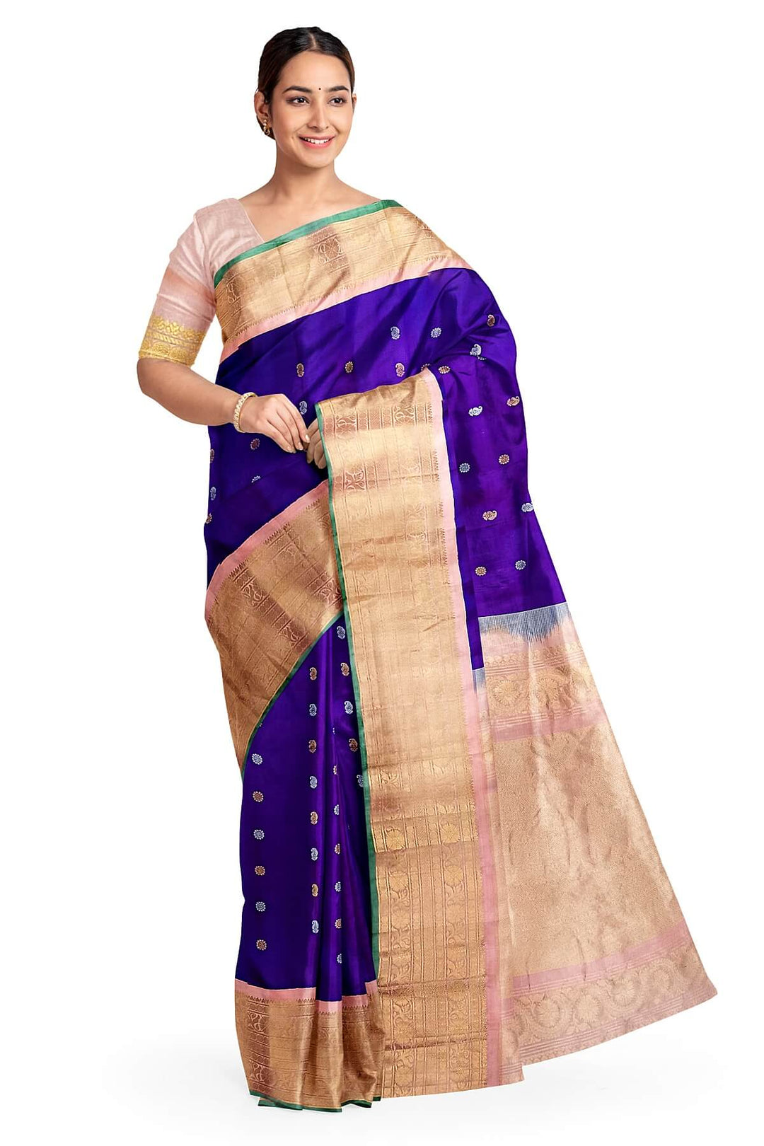 Handwoven Gadwal pure silk saree in purple with floral and paisley  motifs in gold & silver.