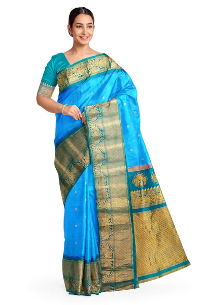 Gadwal pure silk saree in Berry blue with  peacock & floral motifs in gold .