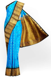 Gadwal pure silk saree in copper sulphate blue with  peacock &  disc  motif in gold.