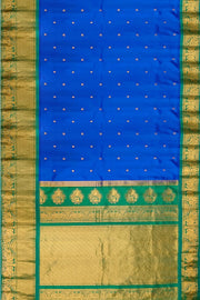 Gadwal pure silk saree in  blue with  peacock & floral motif in gold & silver.